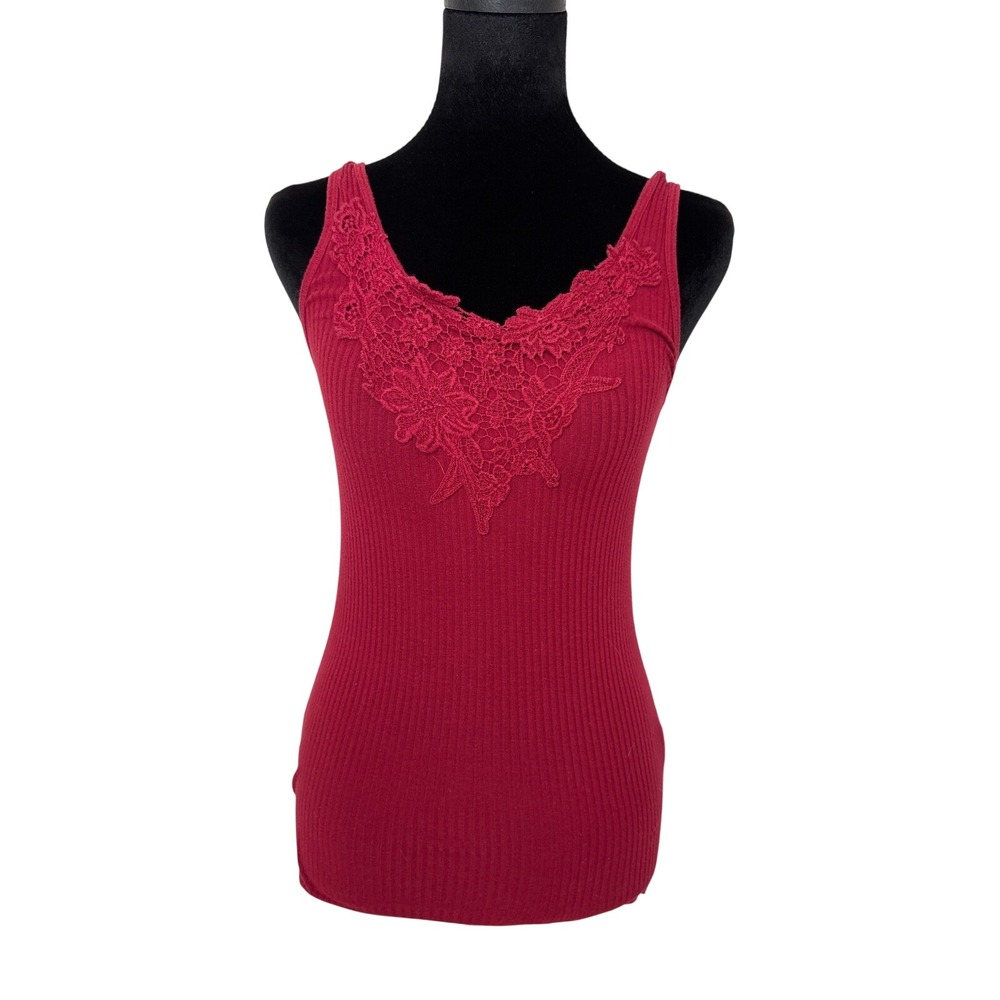 Hollister Women's Red Ribbed Lace V-Neck Tank Top Sleeveless Shirt Small 2010s